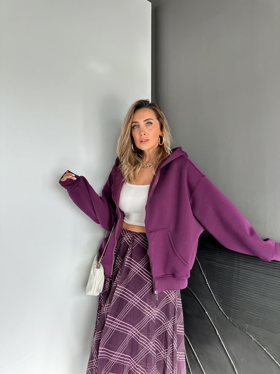 Mor Fermuarlı Şardonlu Sweatshirt