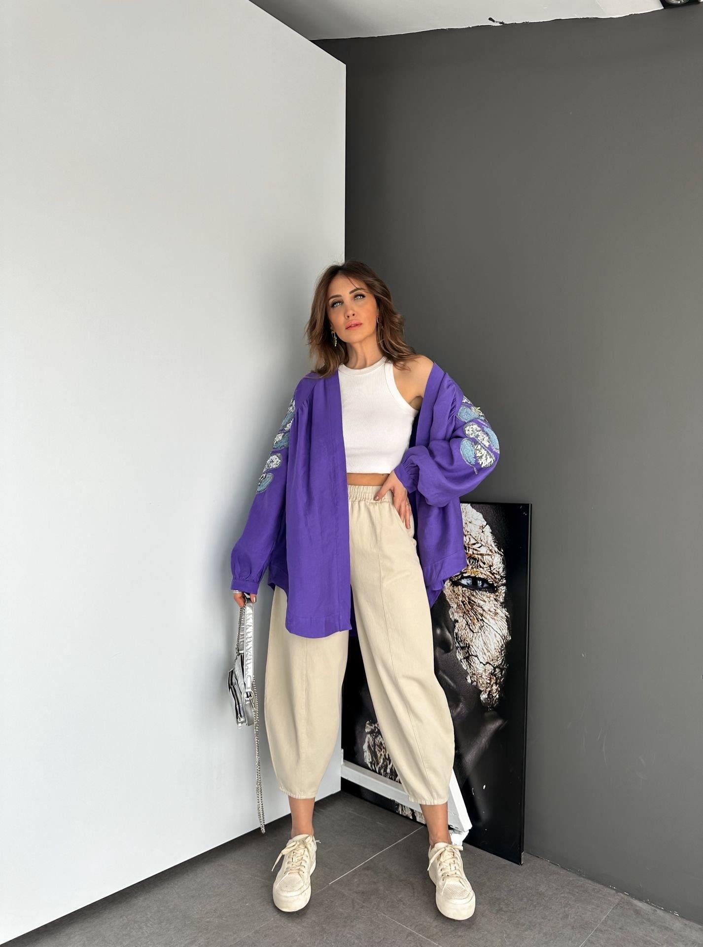 Mor Pul ve Nakış İşlemeli Kimono