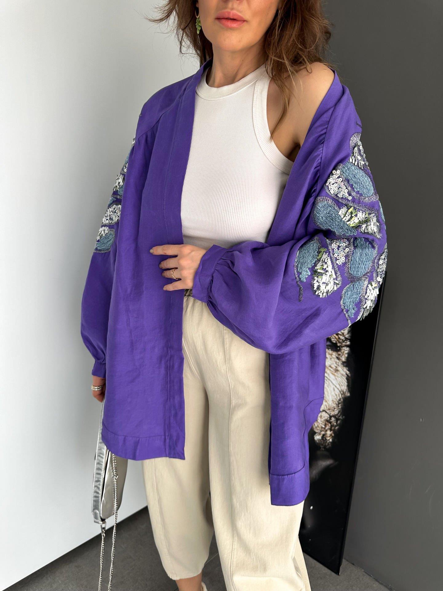 Mor Pul ve Nakış İşlemeli Kimono