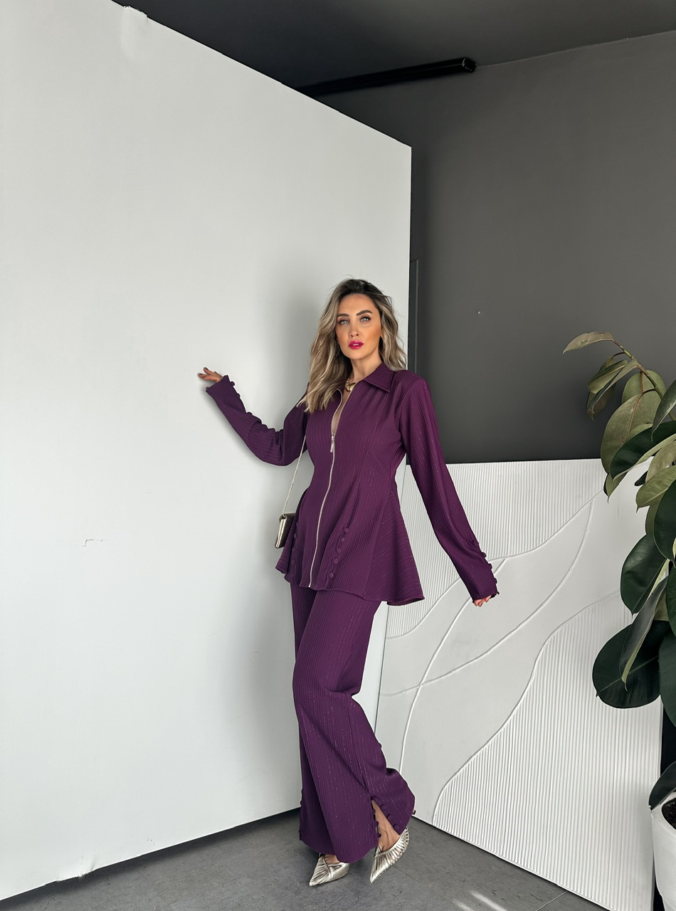 Mor Simli Düğmeli Şık Takım