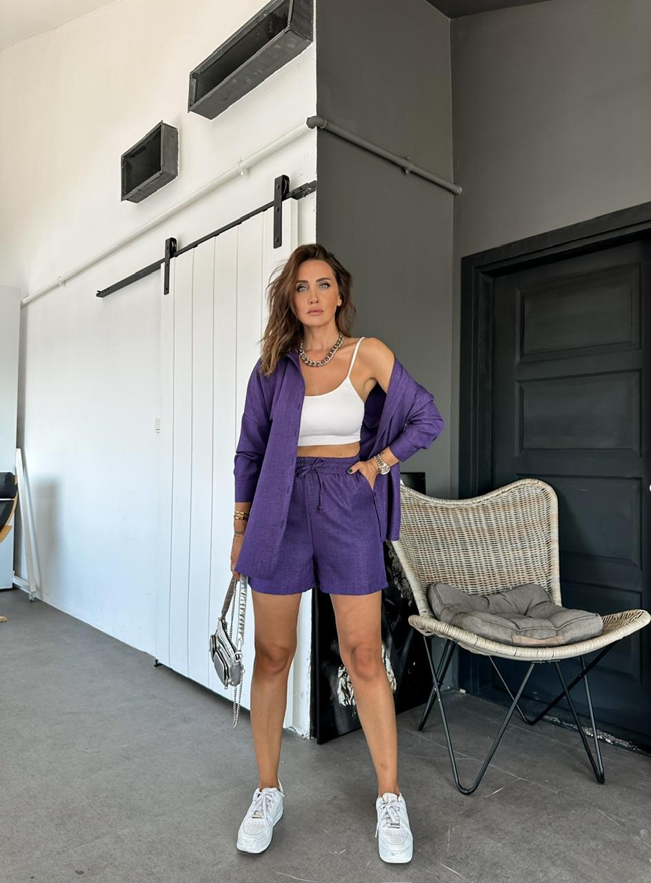 Mor Şortlu Keten Basic Takım