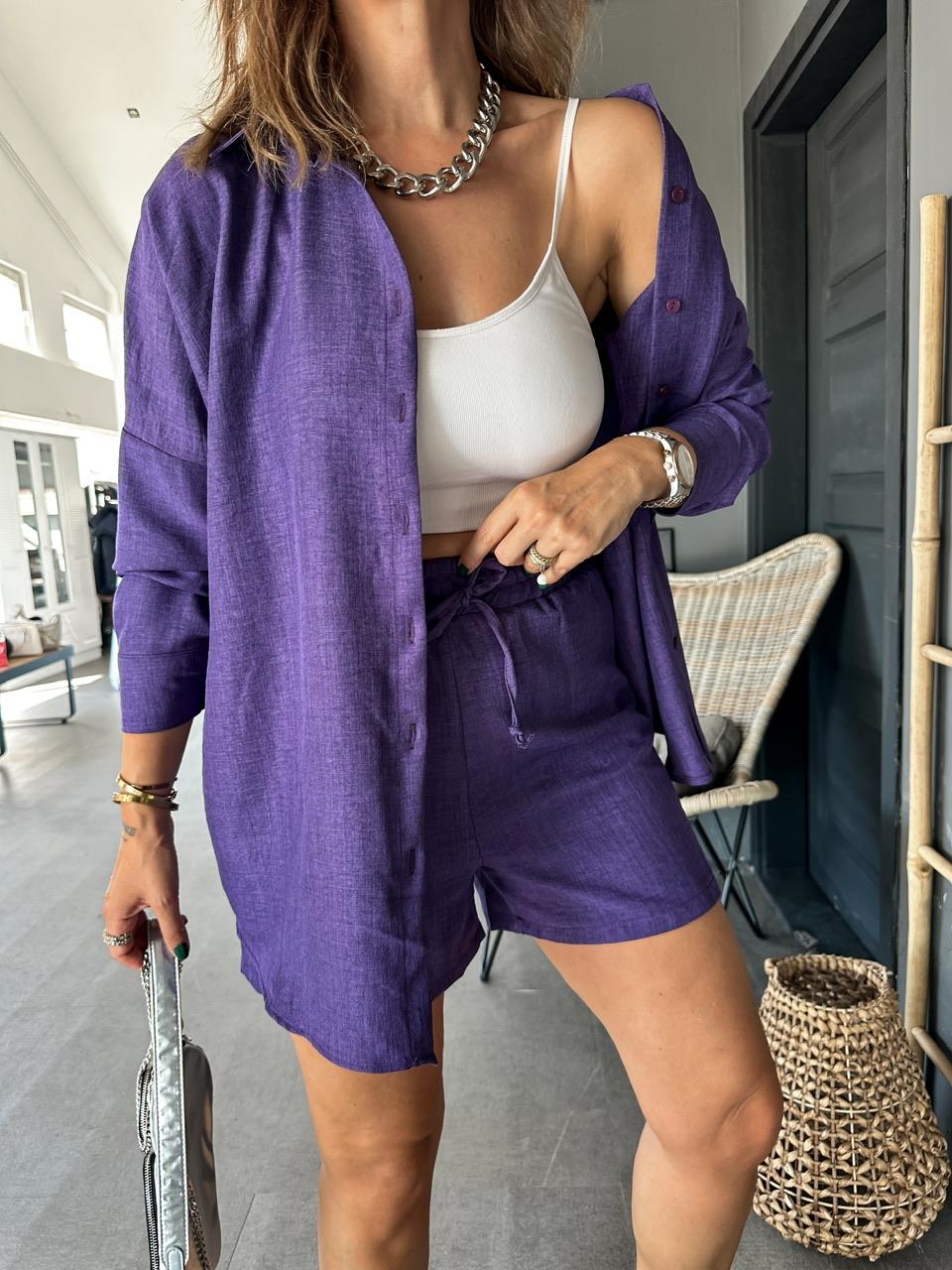 Mor Şortlu Keten Basic Takım
