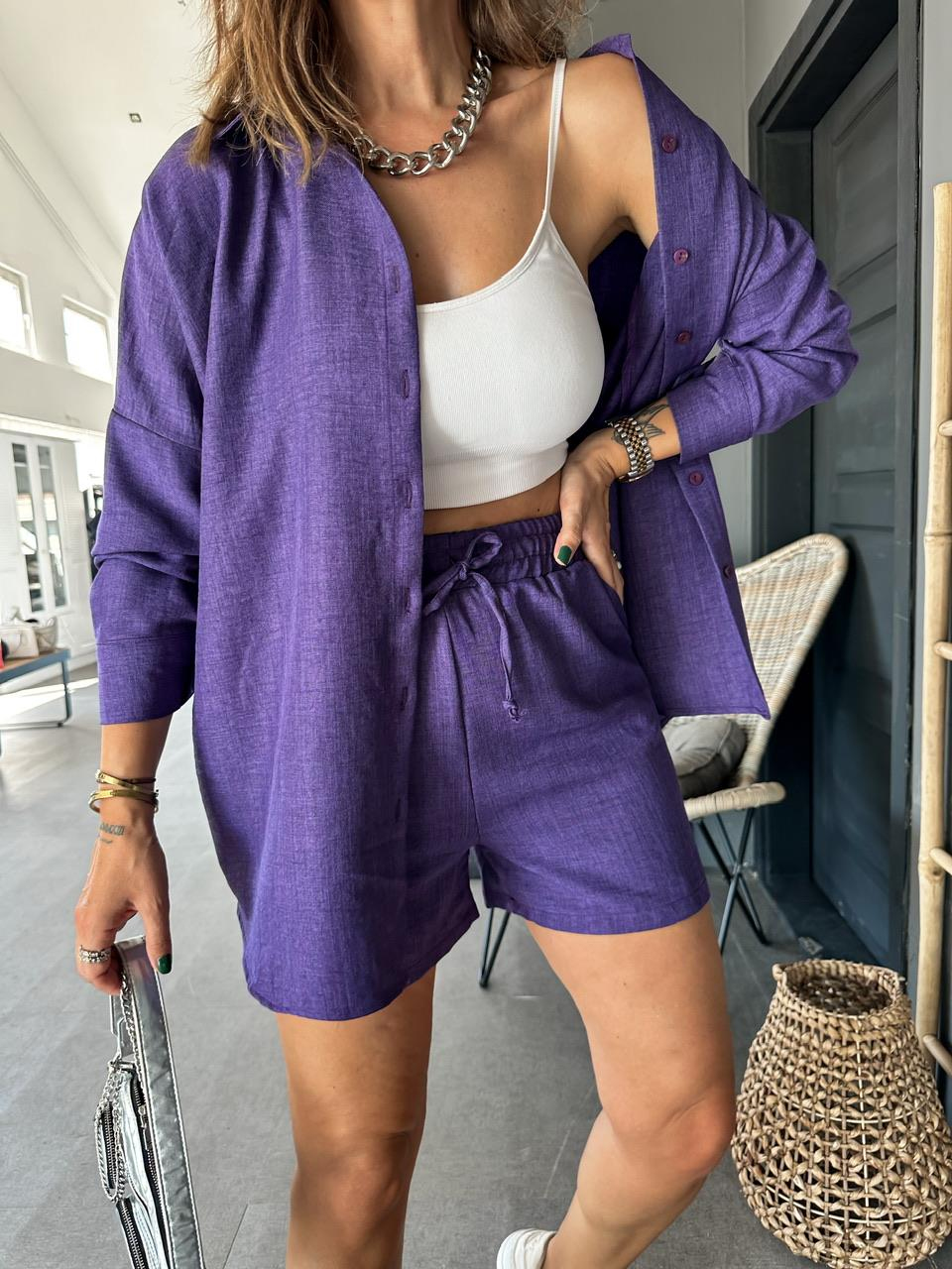 Mor Şortlu Keten Basic Takım