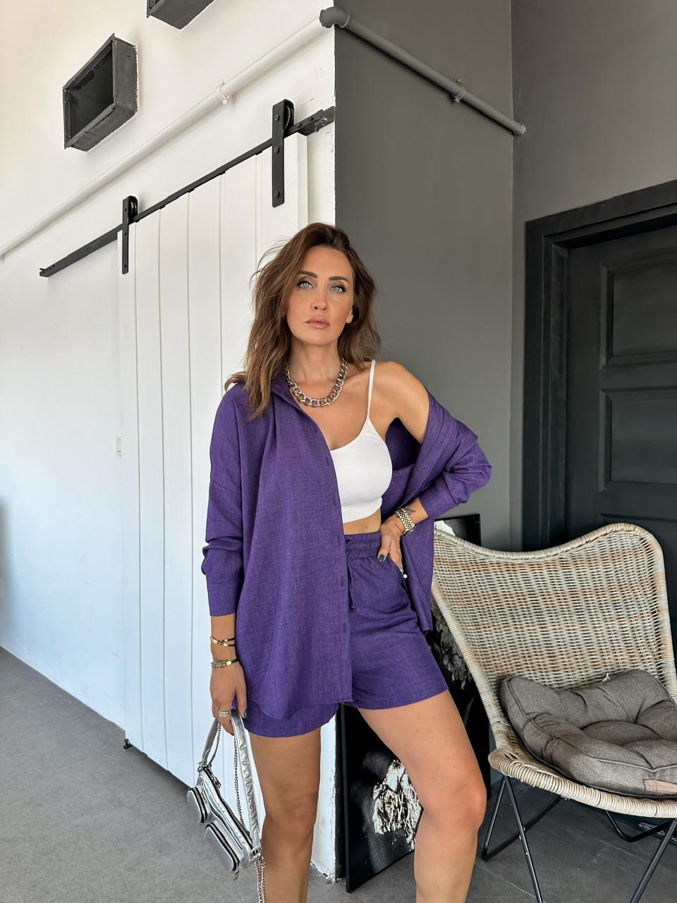 Mor Şortlu Keten Basic Takım
