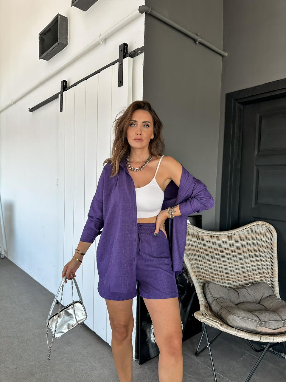 Mor Şortlu Keten Basic Takım