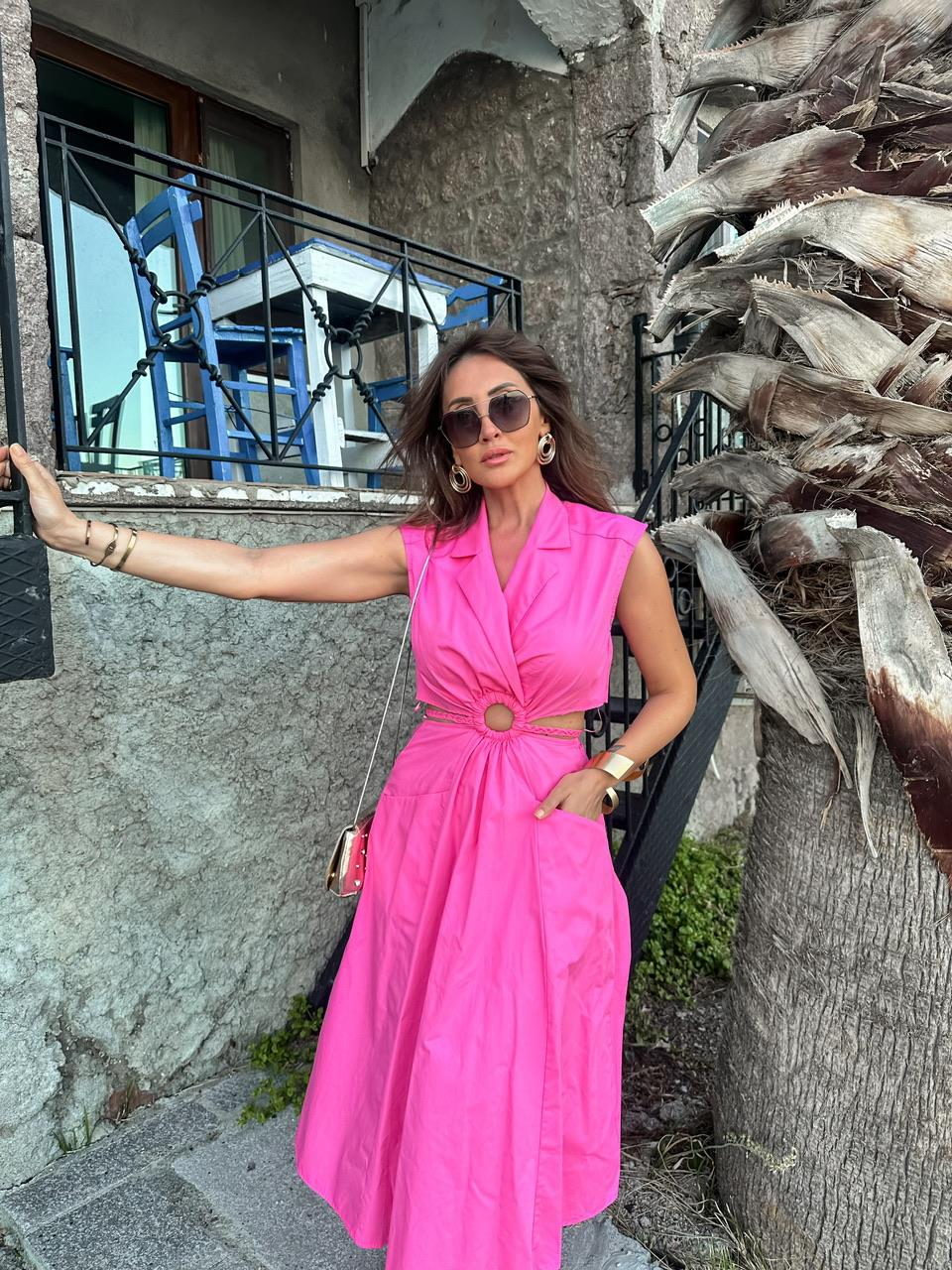 Pembe Bel Dekolteli Orijinal Elbise