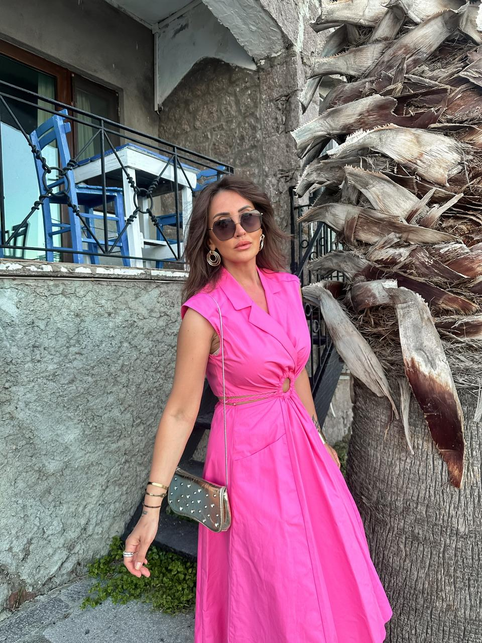 Pembe Bel Dekolteli Orijinal Elbise