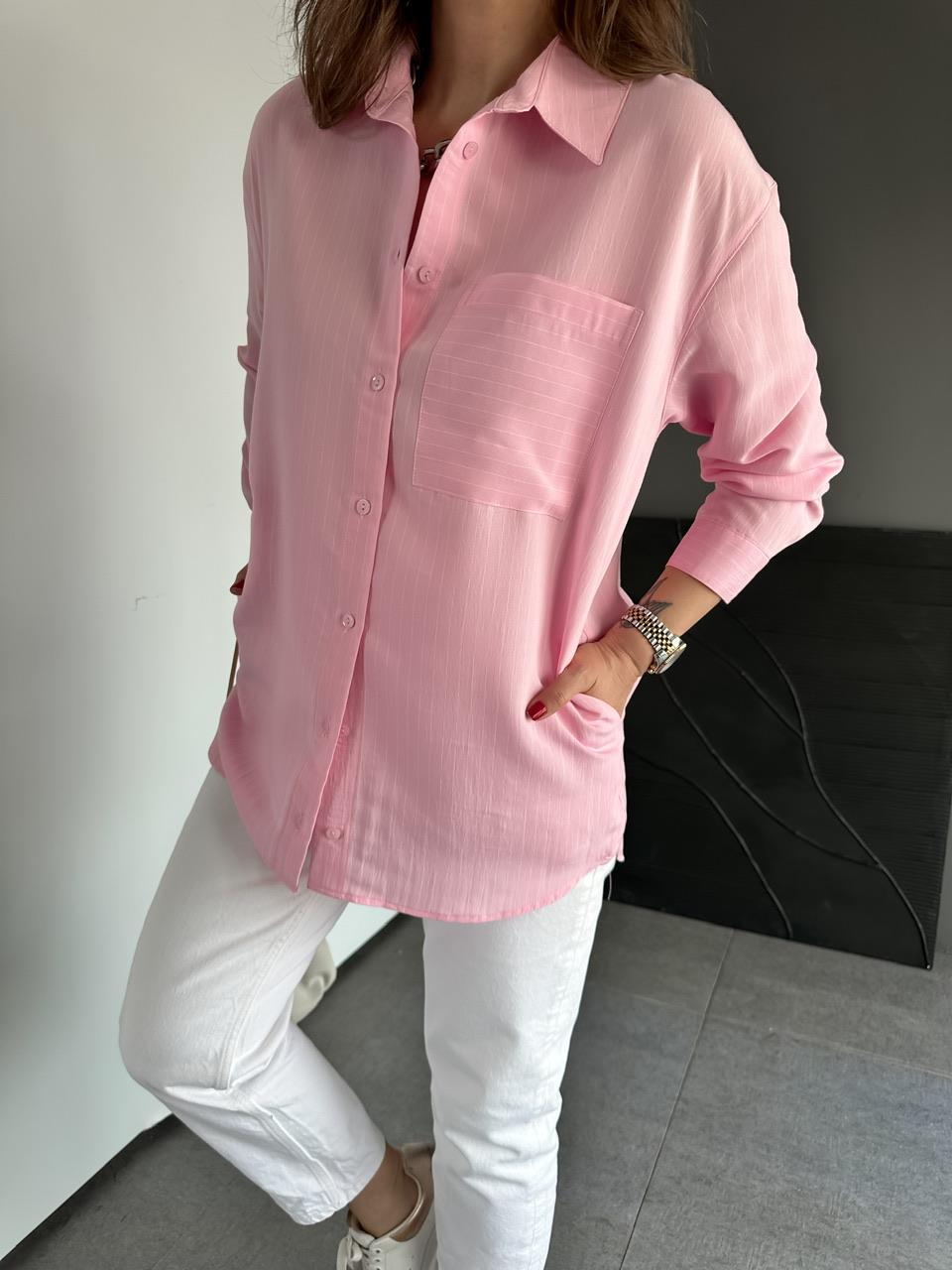 Pembe Çizgili Cepli Basic Gömlek