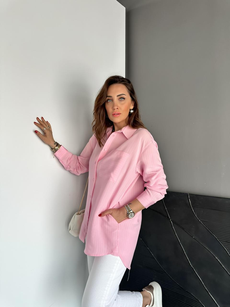 Pembe Çizgili Cepli Basic Gömlek