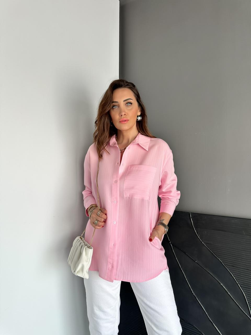 Pembe Çizgili Cepli Basic Gömlek