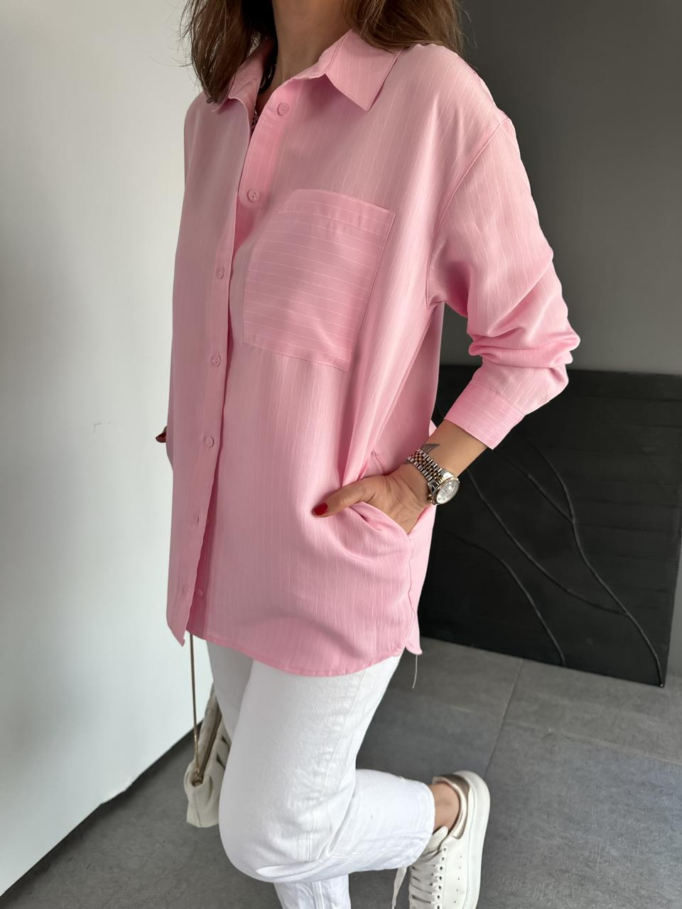 Pembe Çizgili Cepli Basic Gömlek