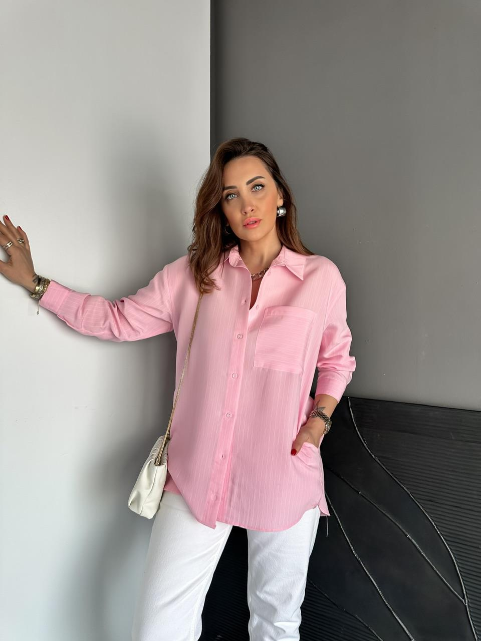 Pembe Çizgili Cepli Basic Gömlek