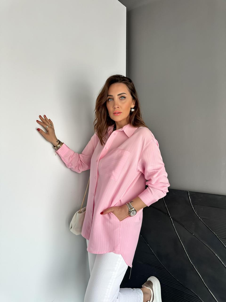 Pembe Çizgili Cepli Basic Gömlek