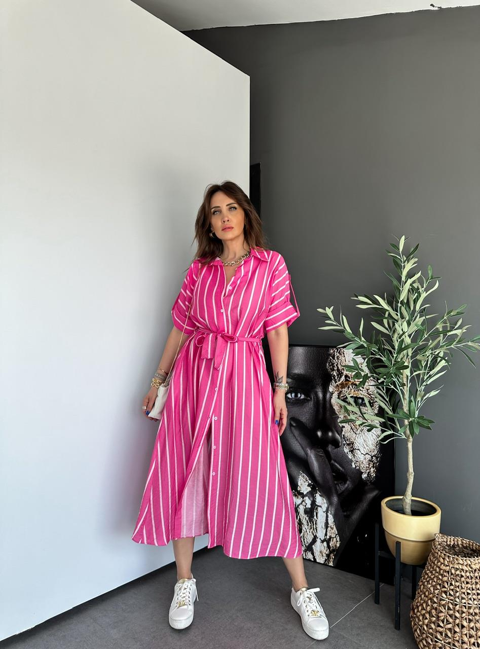 Pembe Kalın Çizgili Gömlek Elbise