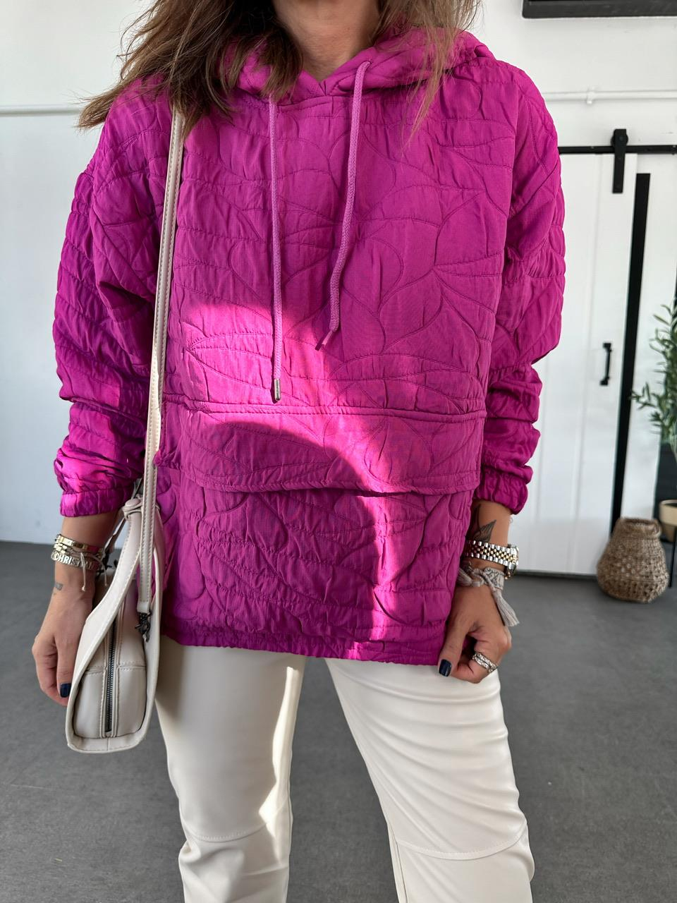 Pembe Kapitone Kapşonlu Sweatshirt