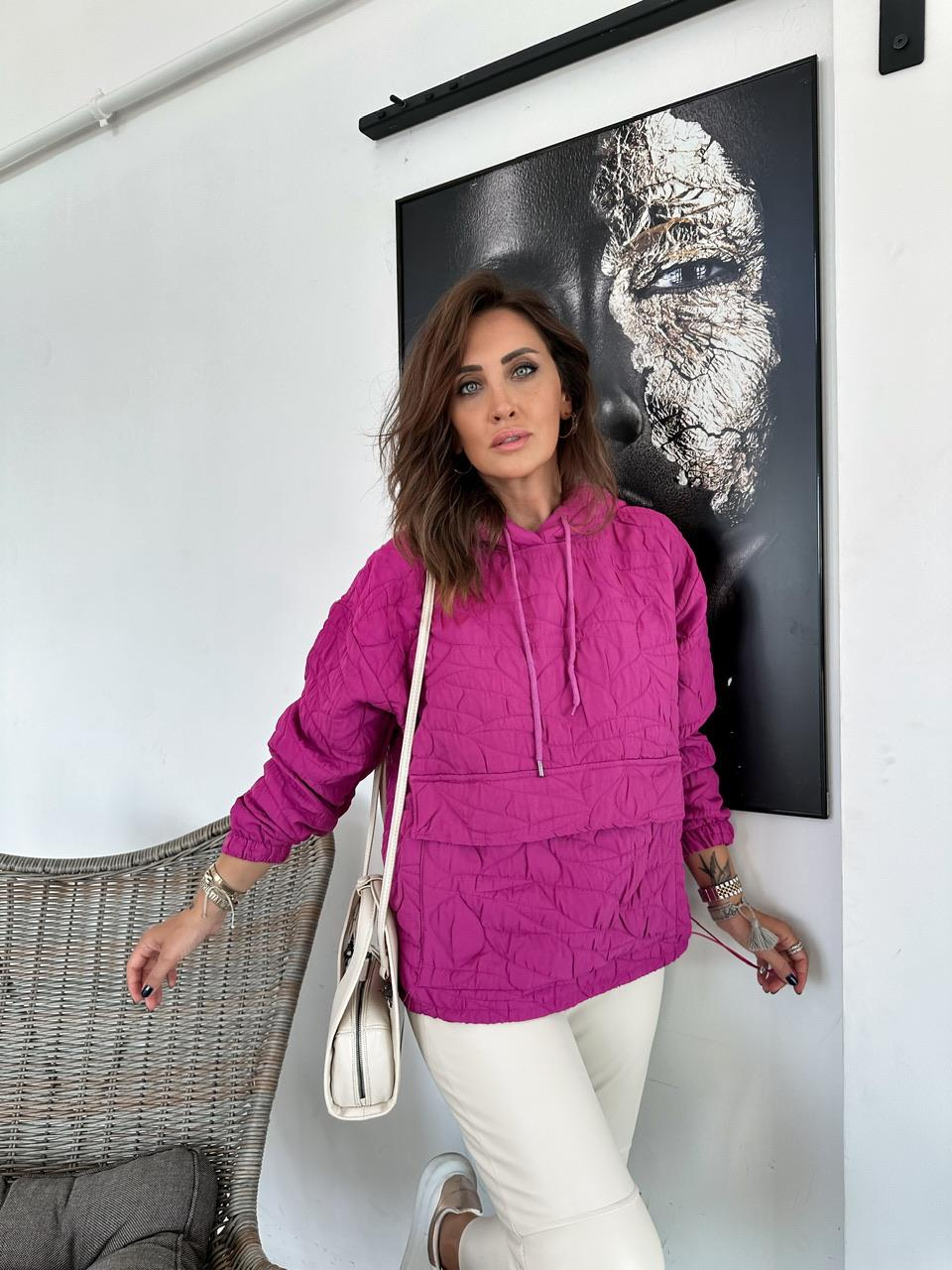 Pembe Kapitone Kapşonlu Sweatshirt