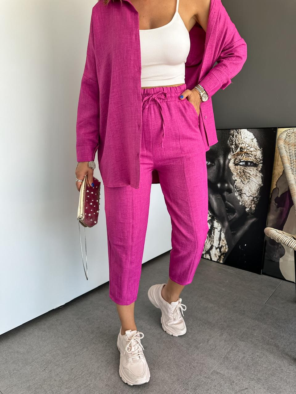 Pembe Keten Gömlekli Basic Takım