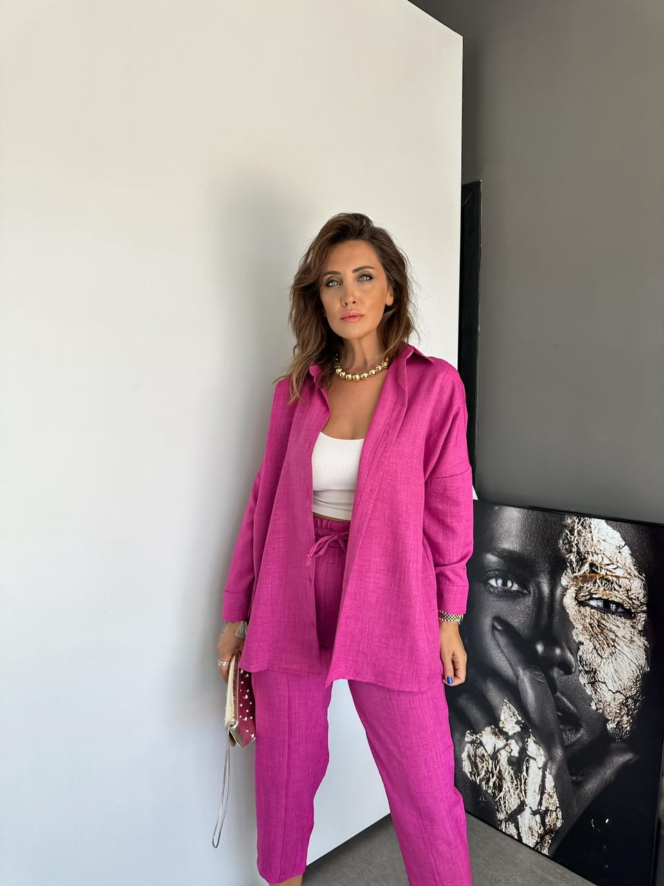 Pembe Keten Gömlekli Basic Takım