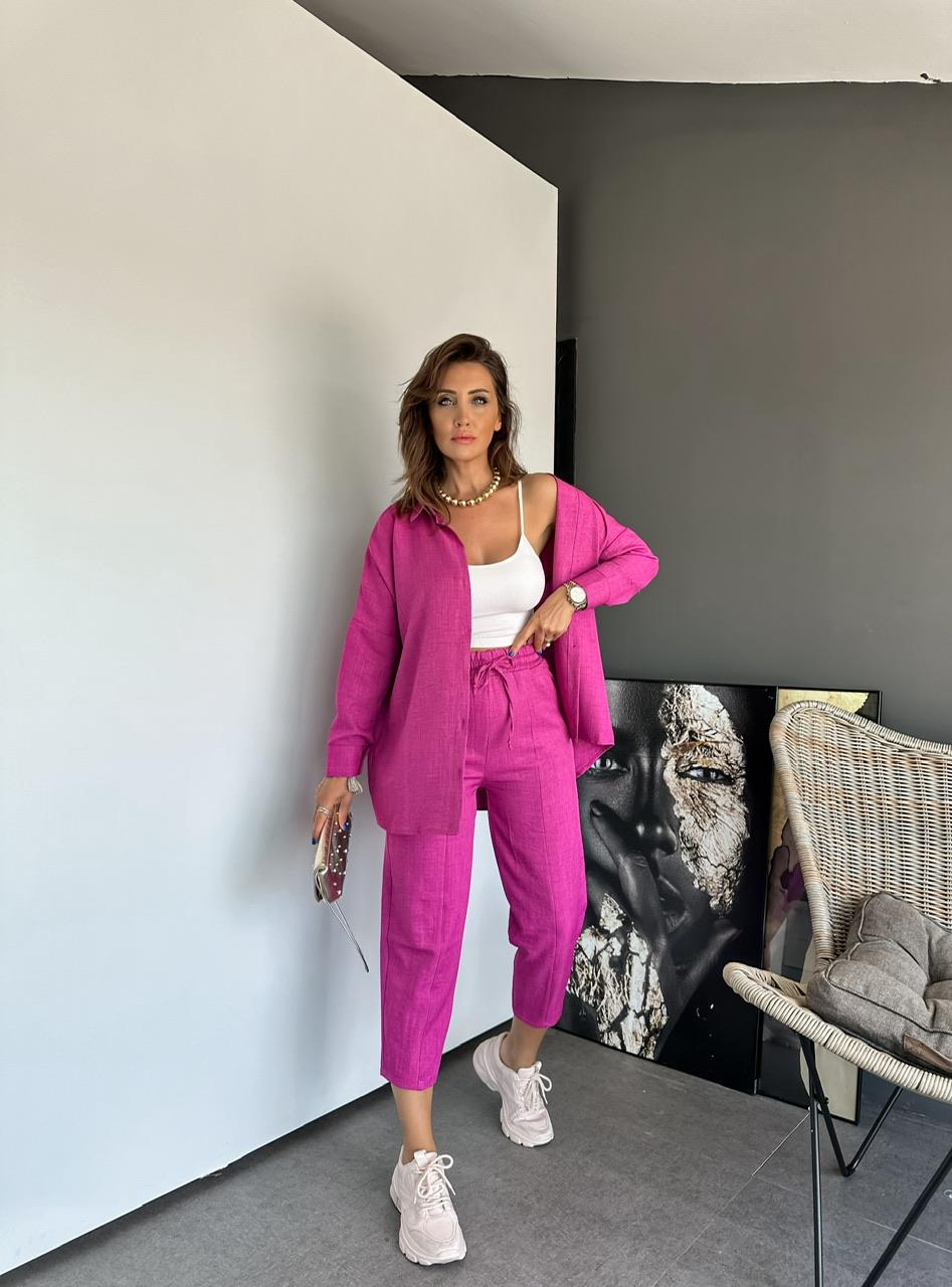 Pembe Keten Gömlekli Basic Takım