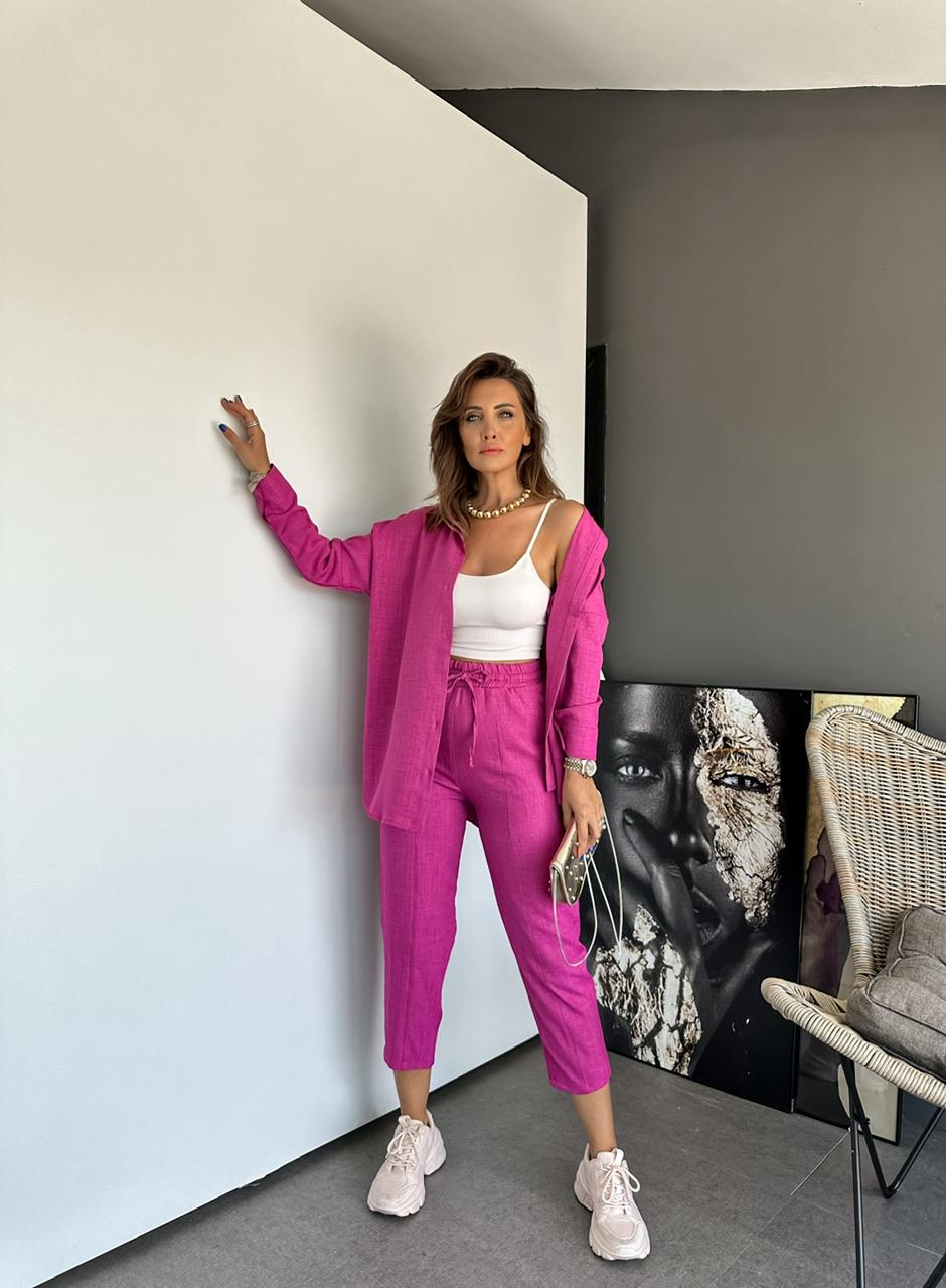 Pembe Keten Gömlekli Basic Takım