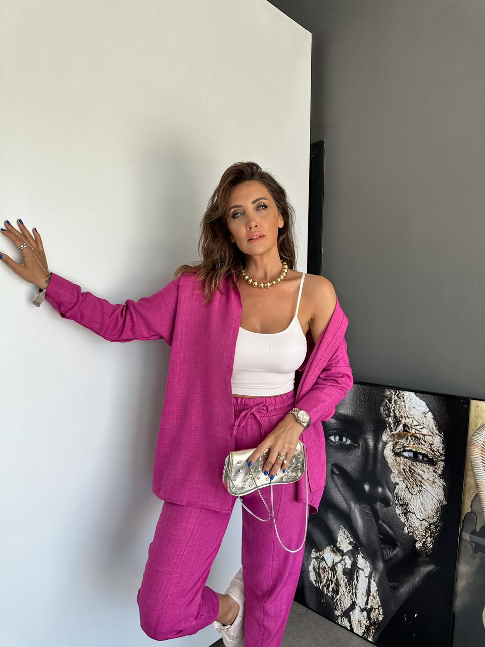 Pembe Keten Gömlekli Basic Takım