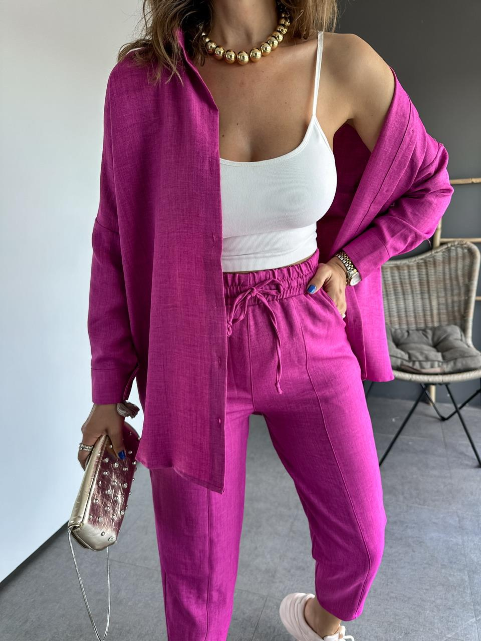 Pembe Keten Gömlekli Basic Takım