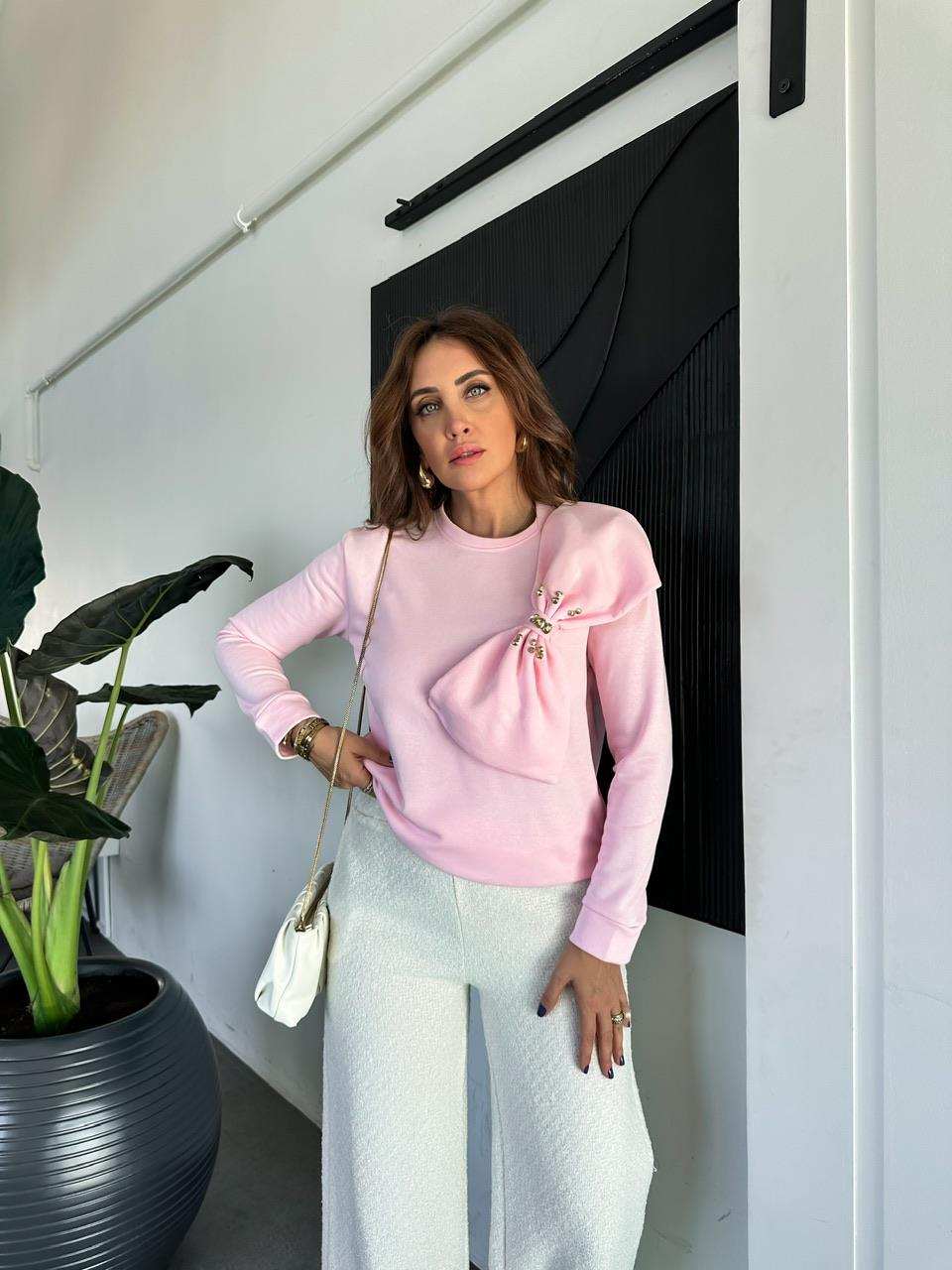 Pembe Papyon Aksesuarlı Sweatshirt