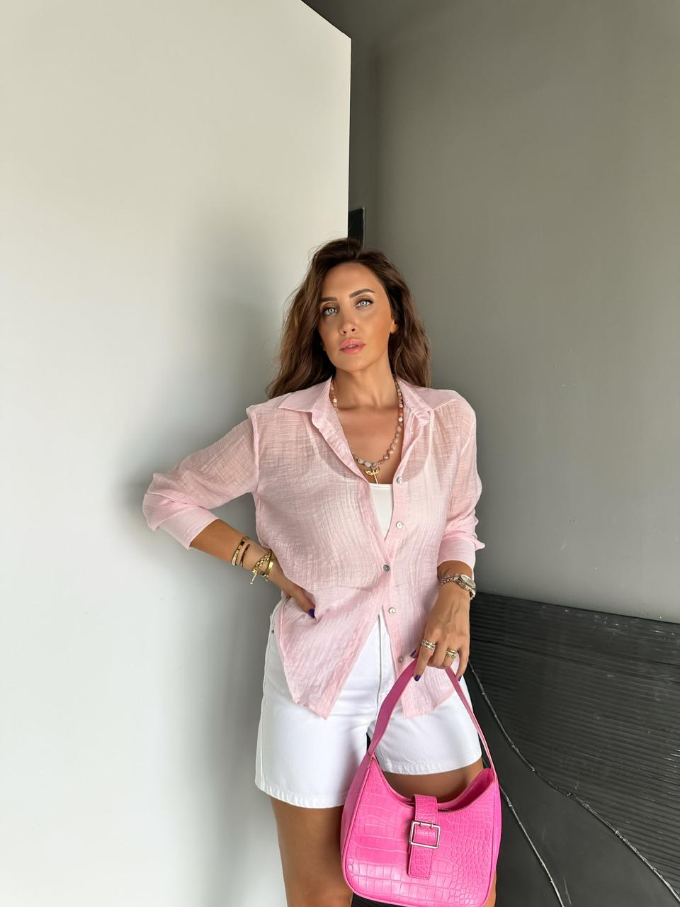 Pembe  Sedef Düğmeli Transparan Gömlek