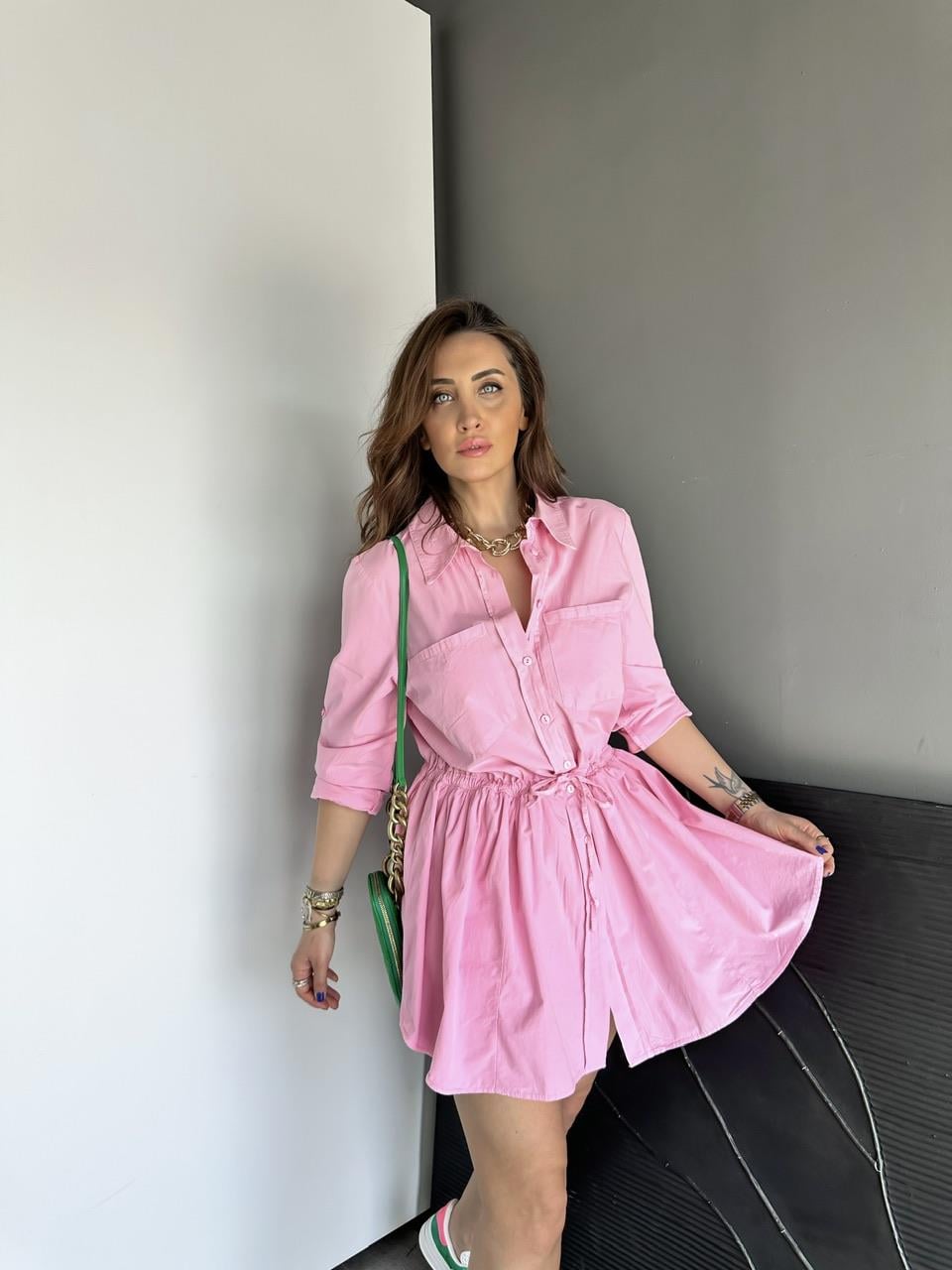 Pembe Şortlu Gömlek Elbise