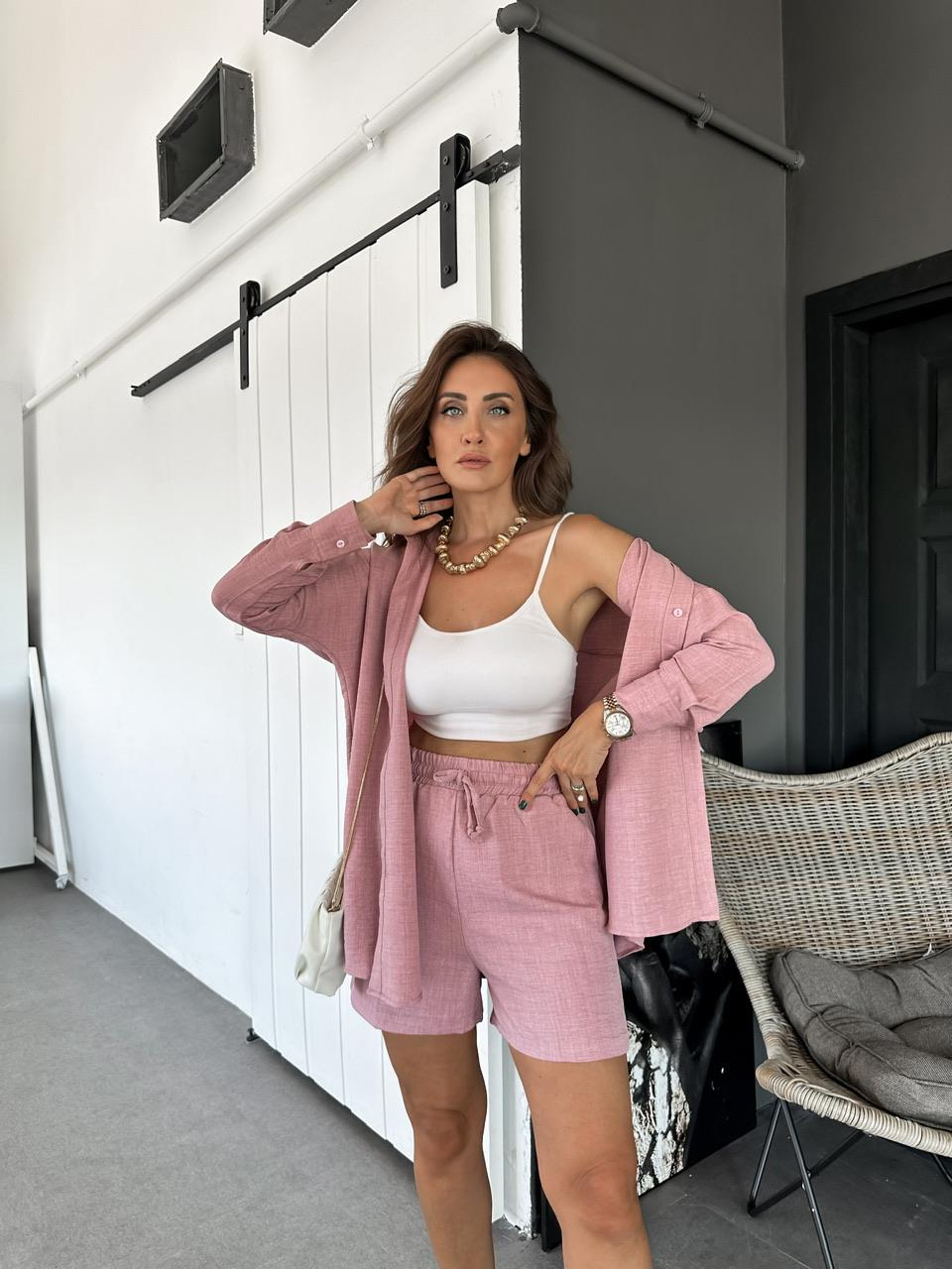 Pembe Şortlu Keten Basic Takım
