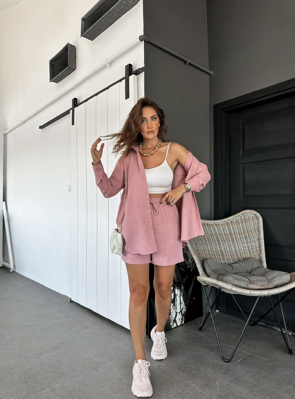 Pembe Şortlu Keten Basic Takım