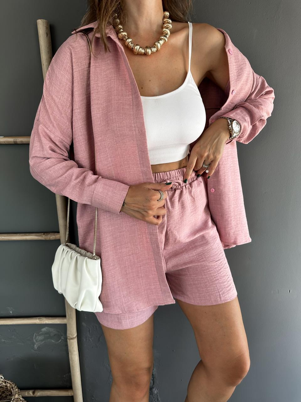 Pembe Şortlu Keten Basic Takım