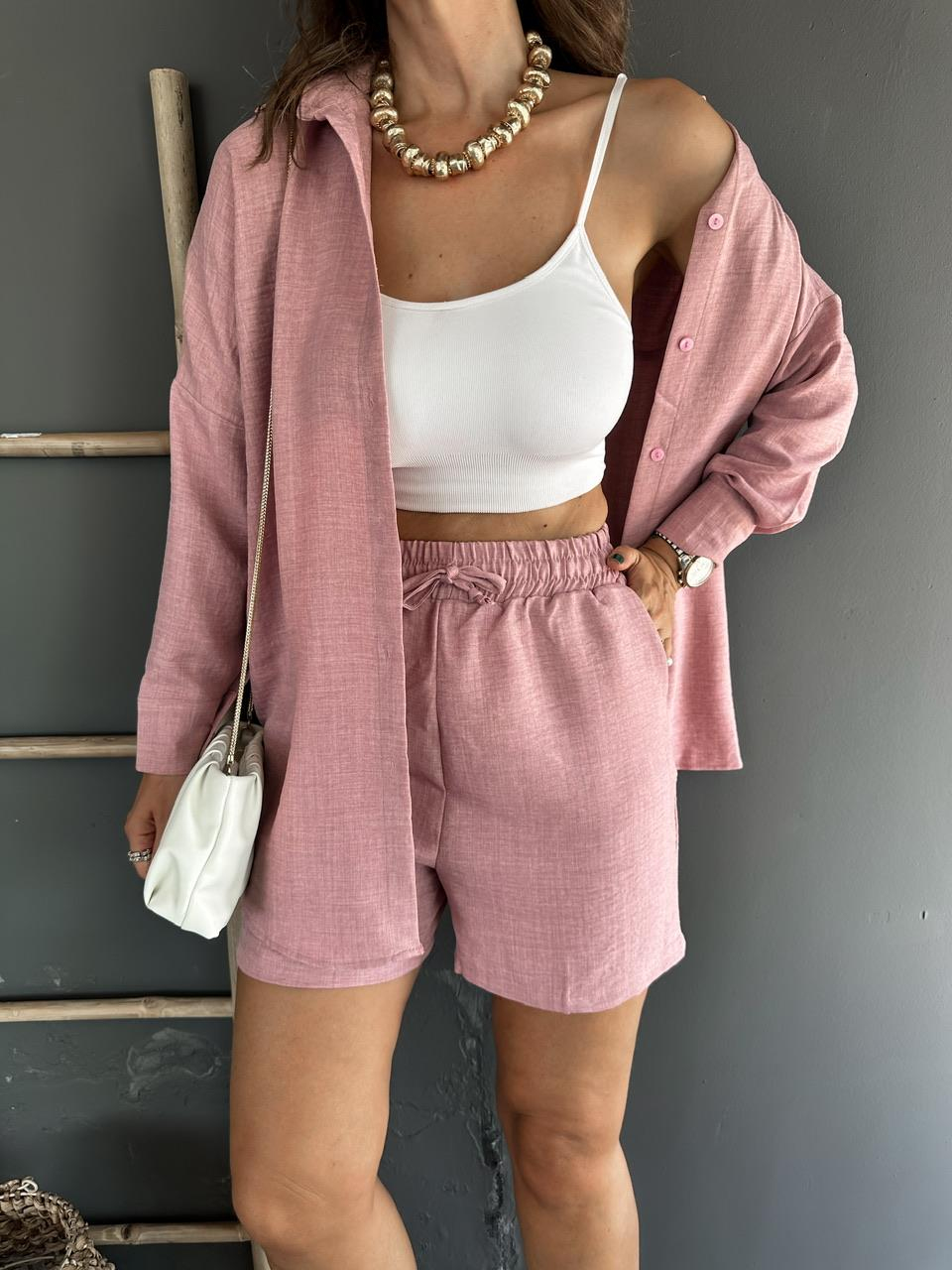 Pembe Şortlu Keten Basic Takım