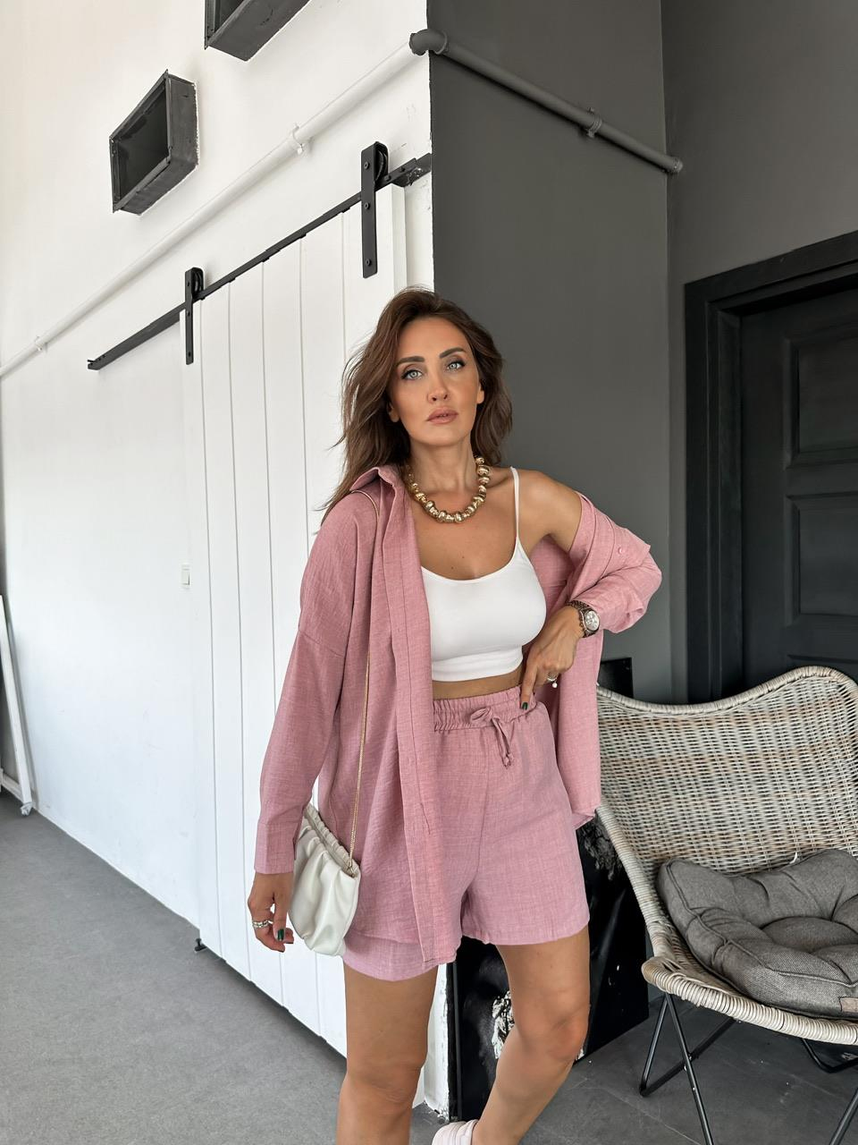 Pembe Şortlu Keten Basic Takım