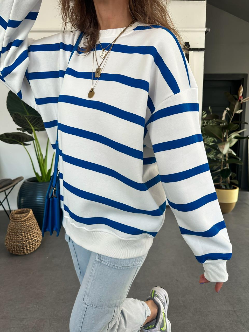 Saks Mavi Çizgili Oversize Sweatshirt