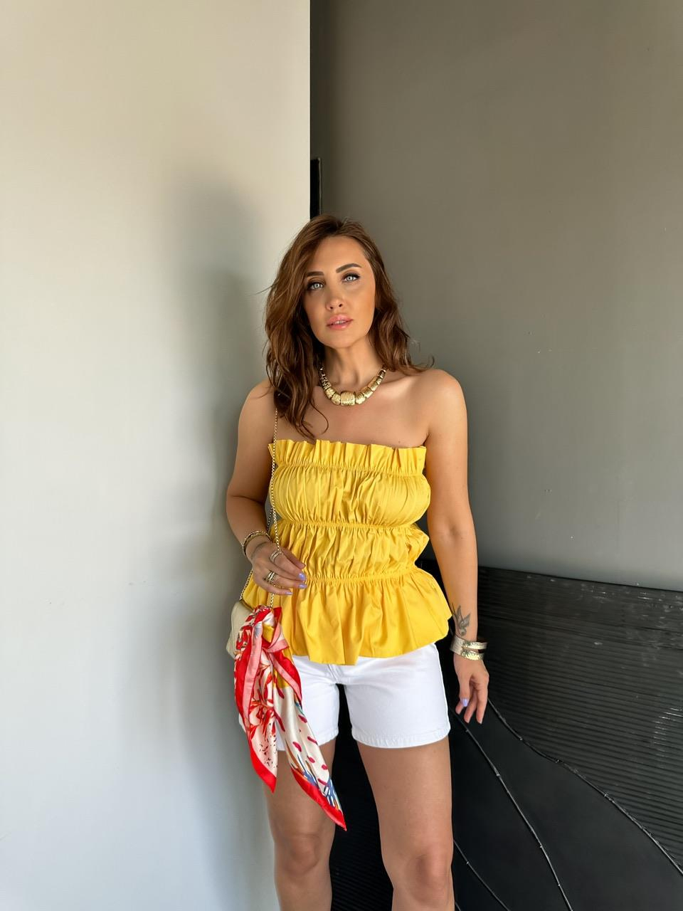 Sarı Drapeli Straplez Bluz
