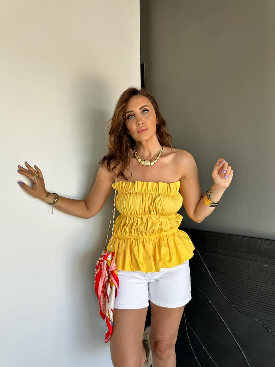 Sarı Drapeli Straplez Bluz