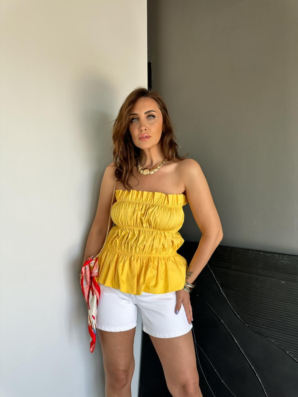 Sarı Drapeli Straplez Bluz