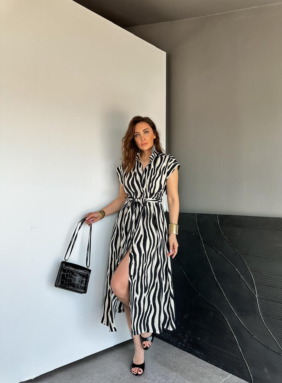 Siyah Beli Pensli Zebra Elbise