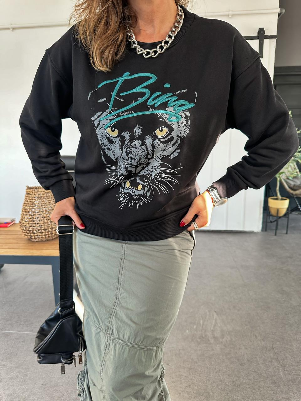 Siyah Bing Kaplan Baskılı Sweatshirt