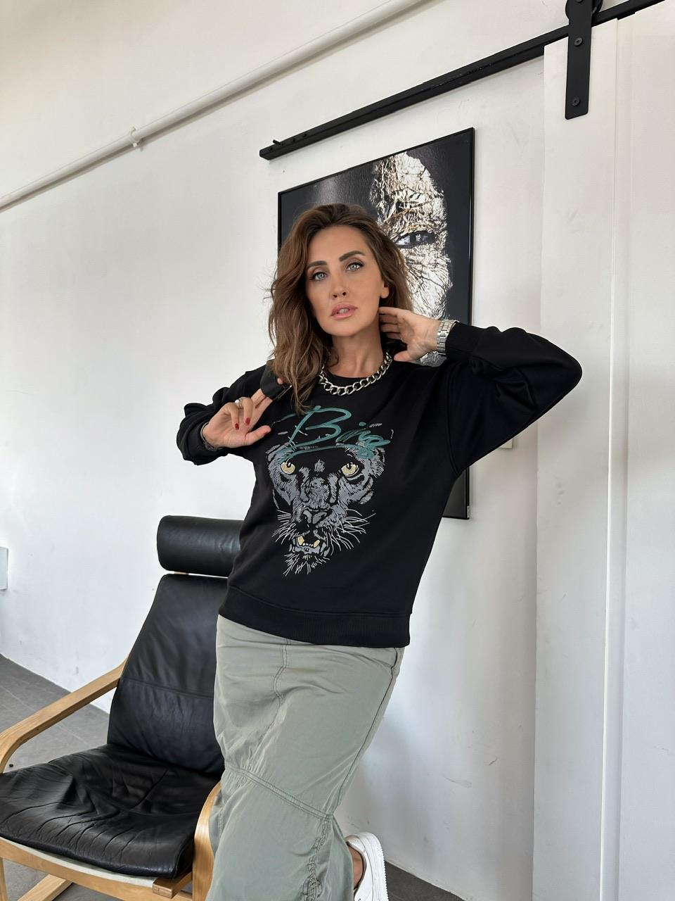 Siyah Bing Kaplan Baskılı Sweatshirt