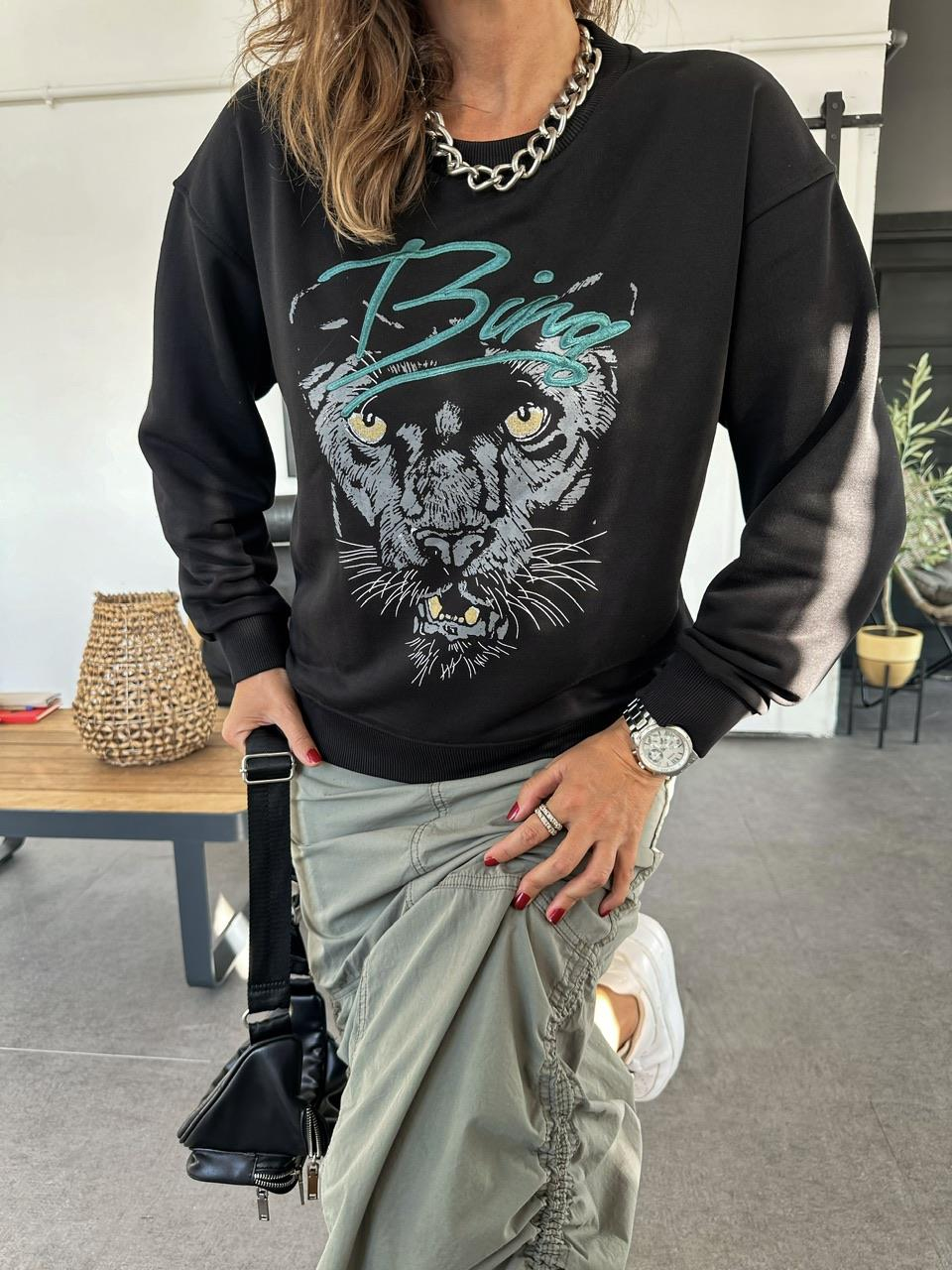 Siyah Bing Kaplan Baskılı Sweatshirt