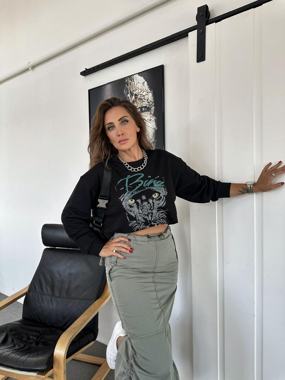 Siyah Bing Kaplan Baskılı Sweatshirt