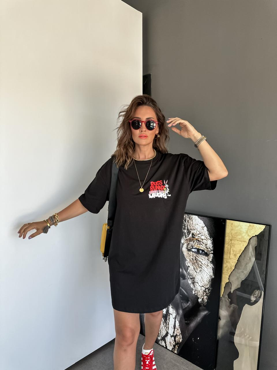 Siyah Bugs Bunny Lisanslı Elbise