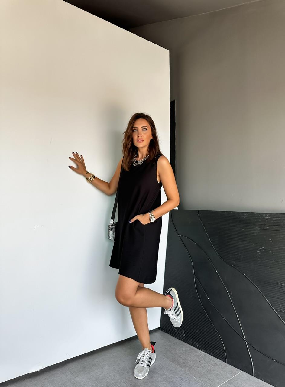 Siyah Cepli Basic Cotton Elbise