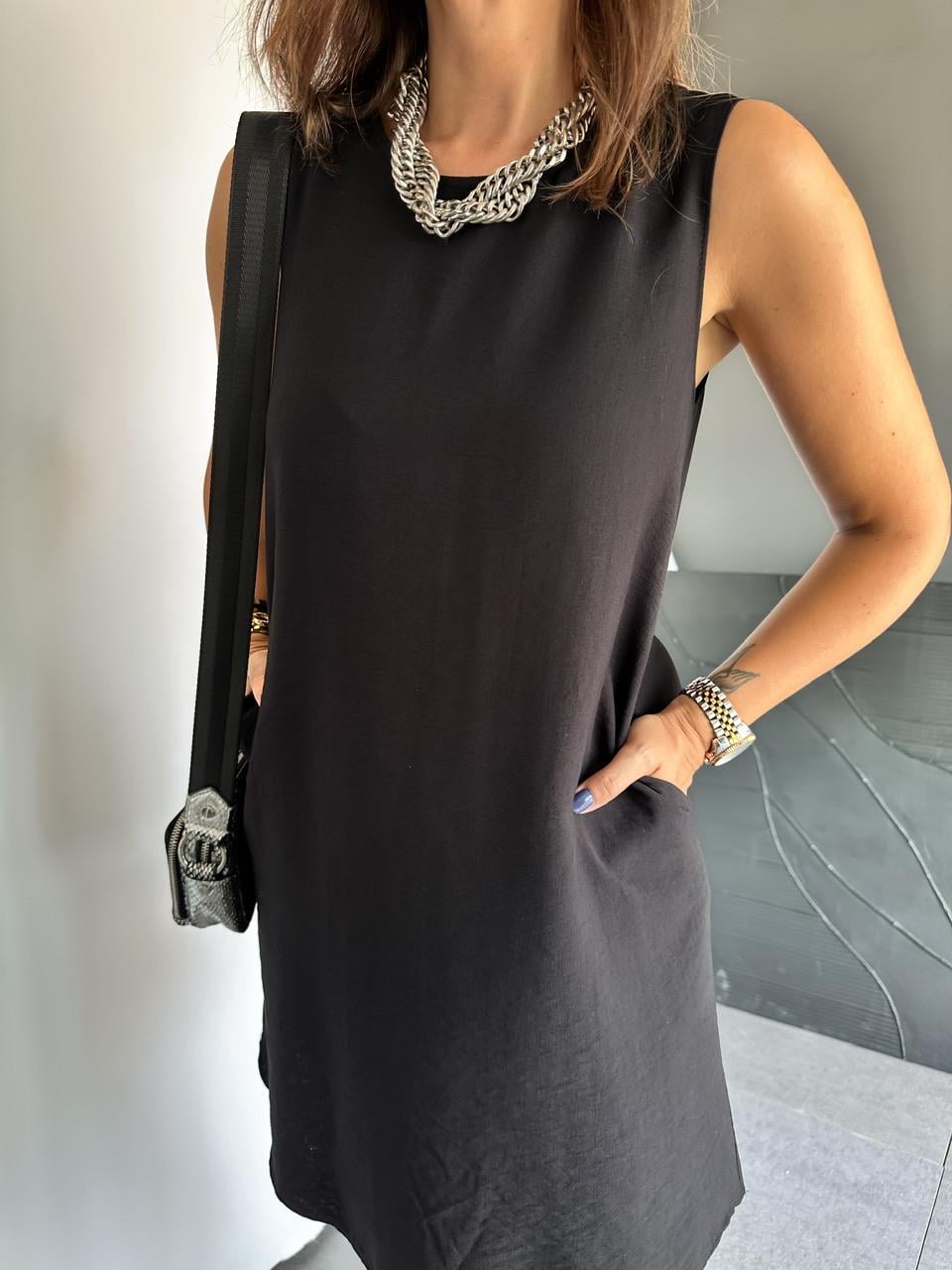 Siyah Cepli Basic Cotton Elbise