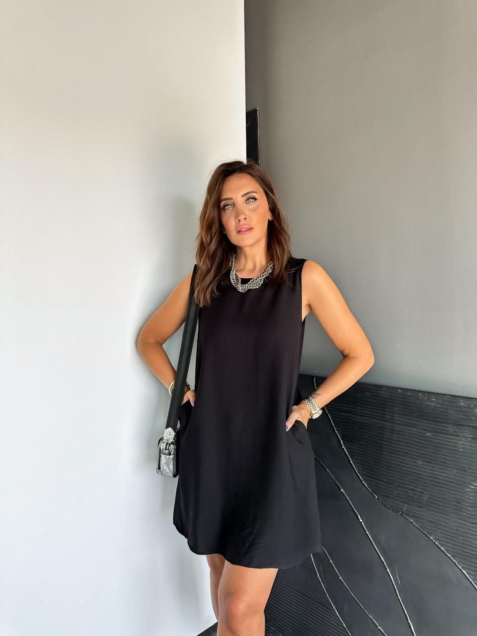 Siyah Cepli Basic Cotton Elbise