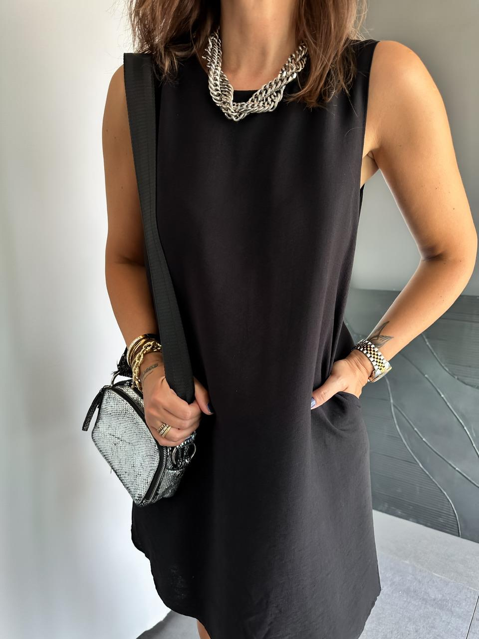 Siyah Cepli Basic Cotton Elbise