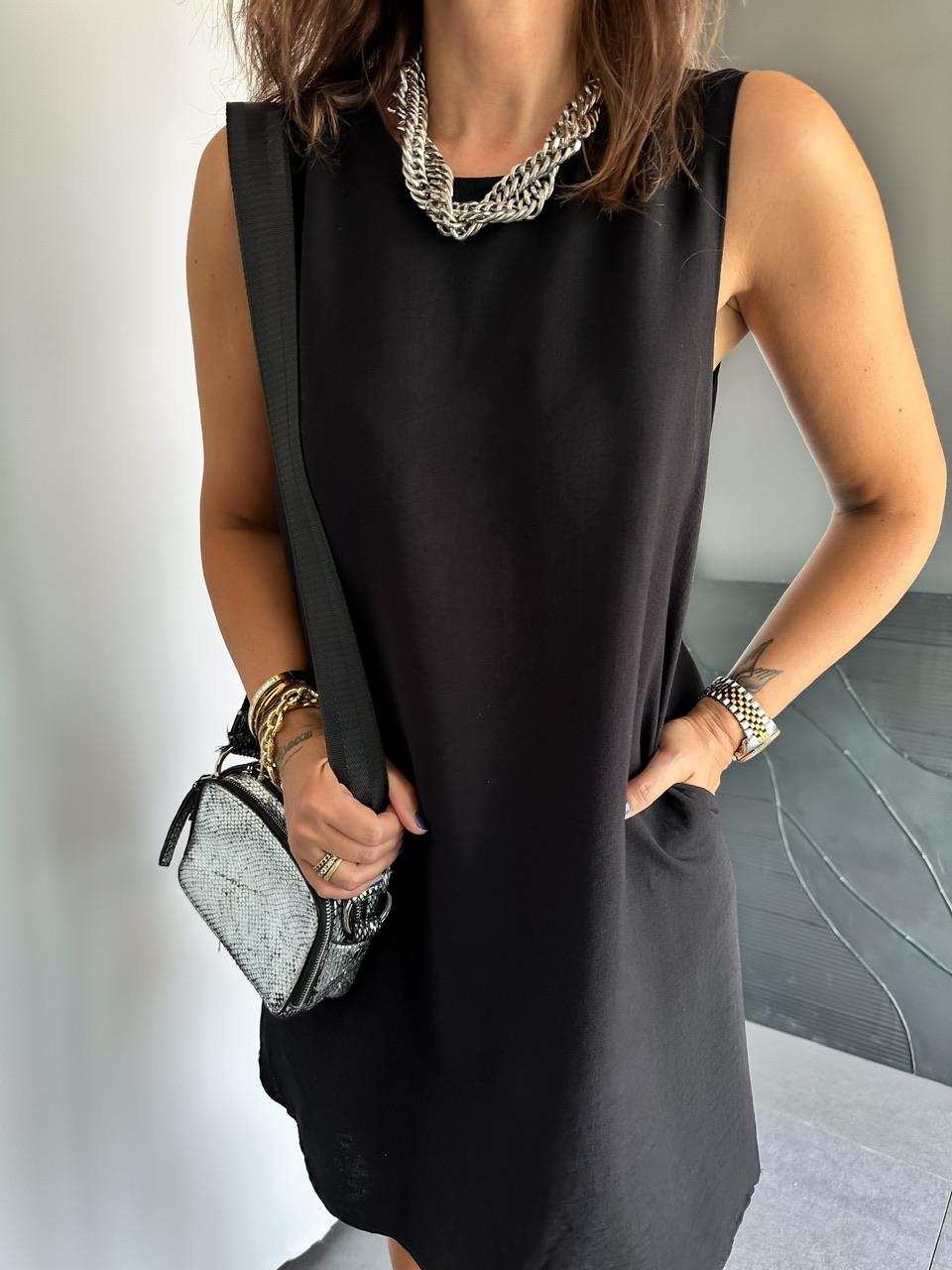 Siyah Cepli Basic Cotton Elbise