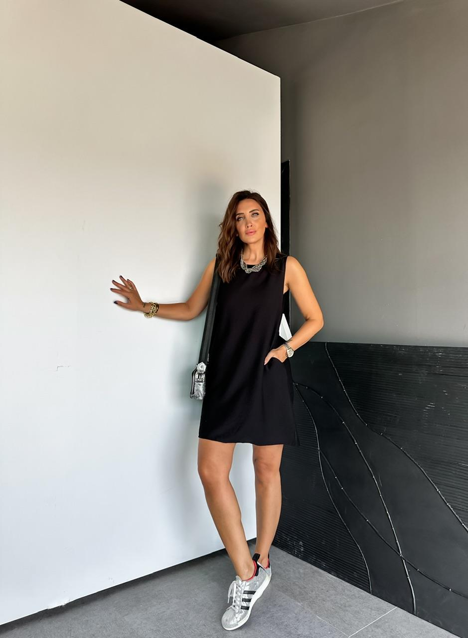 Siyah Cepli Basic Cotton Elbise